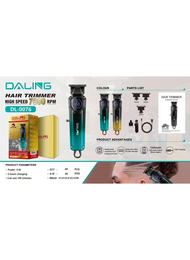 ماكينة حلاقة الشعر الاحترافية DL-0076 بسرعة 7000 دورة في الدقيقة - ماكينة حلاقة لاسلكية عالية السرعة مع وقت تشغيل يصل إلى 180 دقيقة وبطارية 1200 مللي أمبير مع شاشة LED